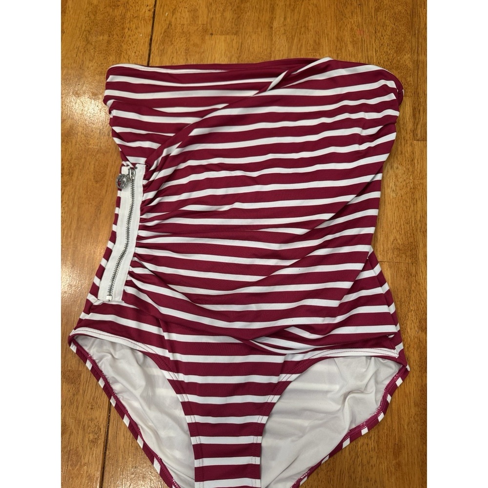 Michael Kors Women 12 White Maroon Striped One Piece Swimsuit Strapless Ruched